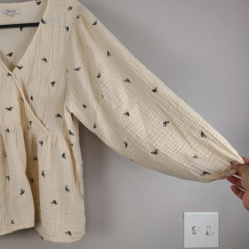 Madewell Cream Cotton Long Sleeve Bow Print Coquette Classic Peplum Top XL